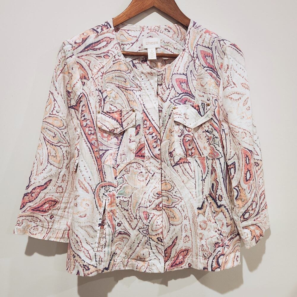 Chico's Womens White Pink 100% Linen Paisley Floral Jacket Size 1 Medium Beach